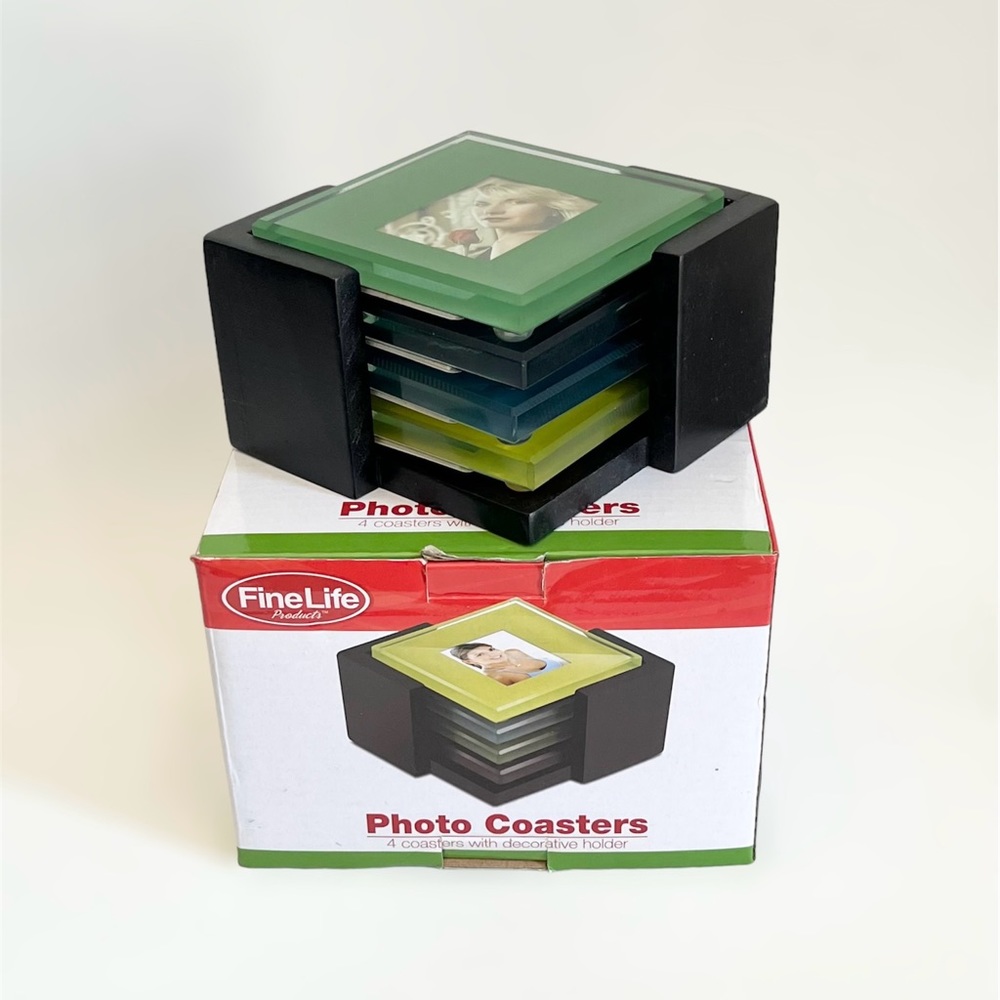 Fine Life Set of 4 Multicolor Beveled Photo Glass With Black Holder Coasters